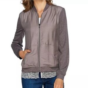 LOGO LORI GOLDSTEIN Grey Silver Woven Bomber Jacket Size 12 Lightweight Casual
